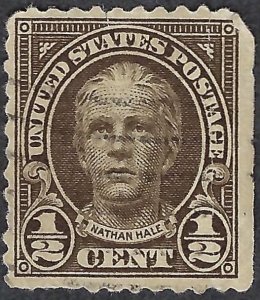 United States #551 1/2¢ Nathan Hale (1922-25). Olive brown. Used.