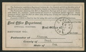 1888 Dakota Territory Registry Bill Altamont to Sheldon IA Currie Mail