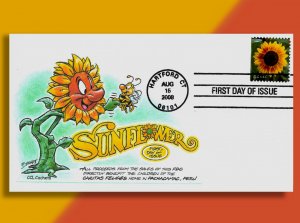 Smiling Sunflower Shakes Hands with a Bee on Calle/Cachetoons Benefit FDC