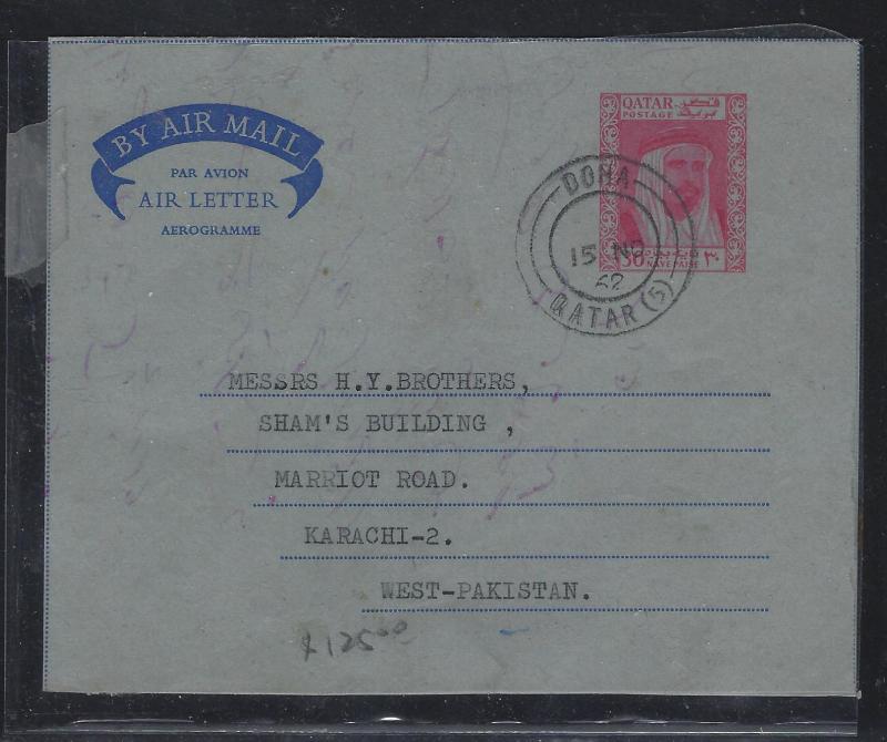 QATAR (P0102BB)  30NP SHEIKH AEROGRAMME 1962 TO PAKISTAN WITH MSG