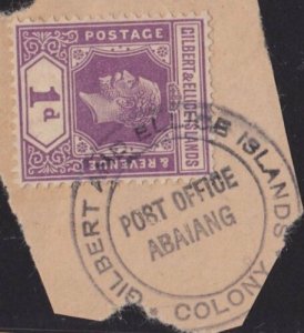 GILBERT & ELLICE IS GV 1d on piece POST OFFICE / ABAIANG undated pmk........2699 