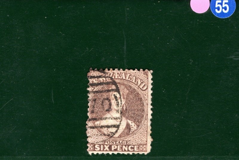 NEW ZEALAND QV Classic CHALON Stamp SG.122a 6d Brown (1867) Used c£50- PIBLUE55
