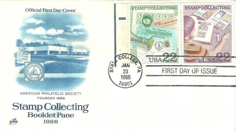 U.S.1986 STAMP COLLECTING Booklet Pair Scott #2198 99 on an ArtCraft FDC Cach...