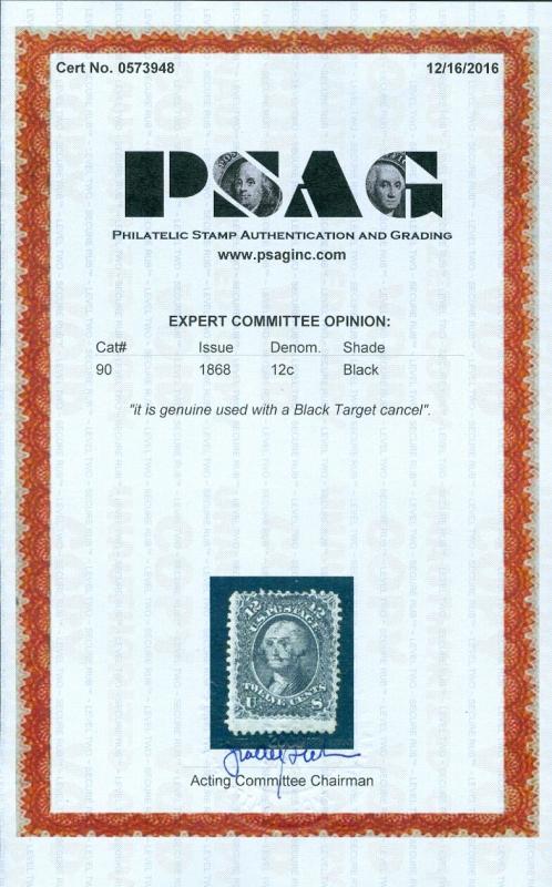 USA : 1868. Scott #90 Used. Nice, Sound with good grill. PSAG Cert. Catalog $400