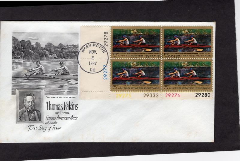 1335 Thomas Eakins, FDC plate block, Artmaster, unaddressed, CV $2.80