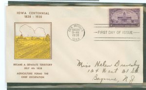 US 838 1938 3c Iowa Territory Centennial (single) on an addressed first day cover with an unknown cachet.