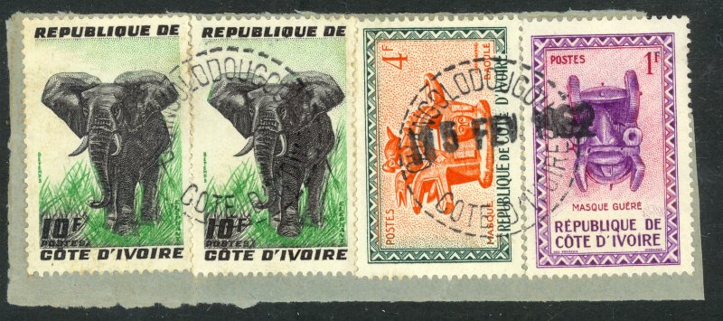 IVORY COAST OUANGOLODOUGOU Postmark w Handstamp Date Piece Sc 167,172,174 VFU