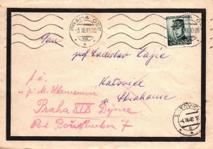 1948 BLACK BORDER MOURNING COVER CZECH PRAGUE KATOVICE CIRCULAR POSTMARKS