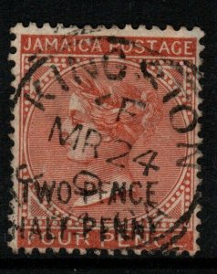 JAMAICA SG30ca 1890 2½d on 4d RED-BROWN PFNNEY & BROKEN K FOR Y USED