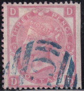 Great Britain 1867-80 used Sc 49a 3p Victoria Plate 9 Position DD