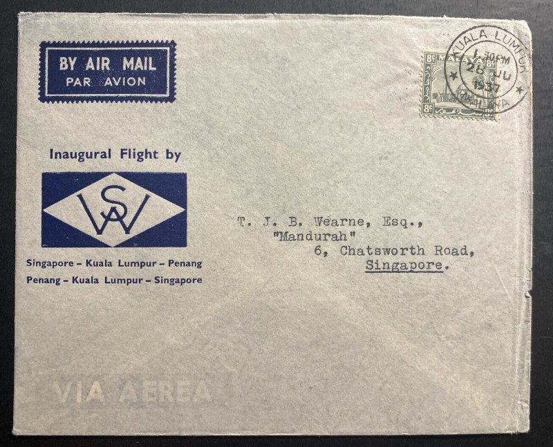 1937 Kuala Lumpur Malaya First Flight airmail Cover FFC To Singapore