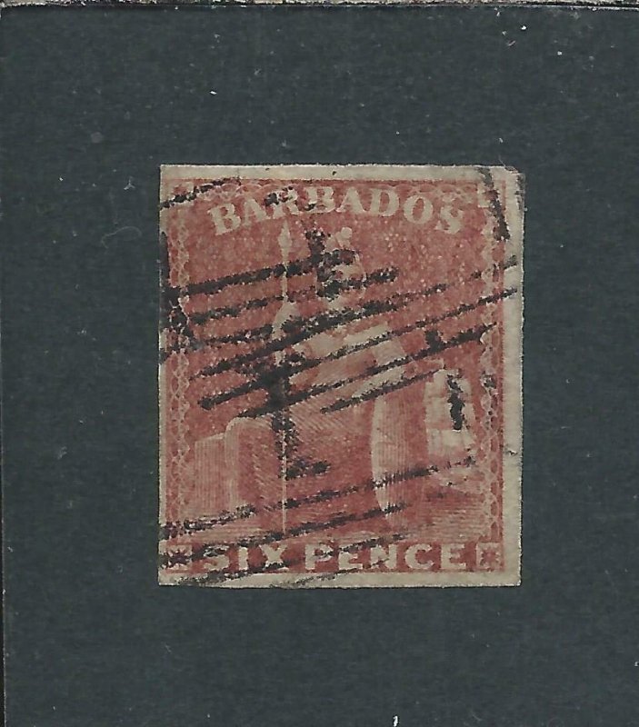 BARBADOS 1858 6d DEEP ROSE-RED FOUR MARGINS FU SG 11a CAT £180