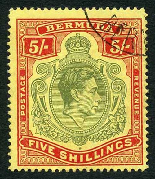 Bermuda SG118b KGVI 5/- Pale Green and Red/yellow Line Perf 14.25 (Ref 14)