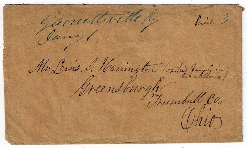 1850's Garnettsville, Kentucky (DPO) manuscript cancel on cover, PAID 3