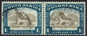 SOUTH AFRICA 1930 GNU 1/- PAIR TWISTED HORN FLAW VARIETY USED