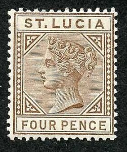 St Lucia SG34 4d Brown wmk Crown CA M/M Cat 50 pounds