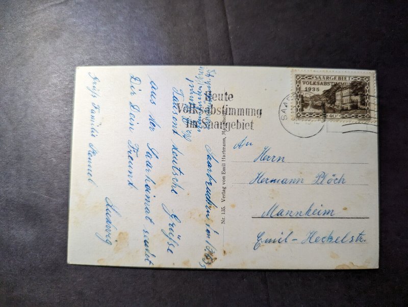 1935 German Saar Region Postcard Cover Saarbrucken to Mannheim Germany