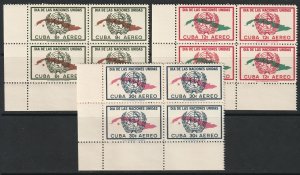 Cuba 1957 Sc C169-71 air post set corner blocks MNH**