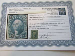 US Stamp, Scott # 14 Type II, 1855 used, with Certificate,