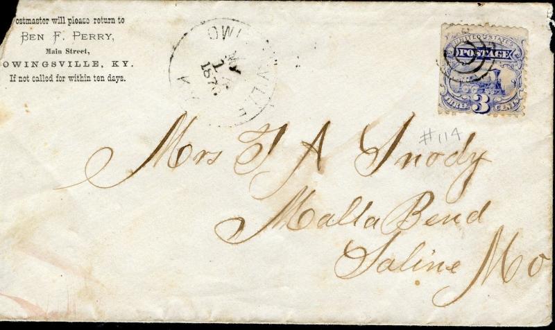 US OWINGSVILLE, KY 5/11/1876 3C RATE COVER TO SALINE, MO AS SHOWN