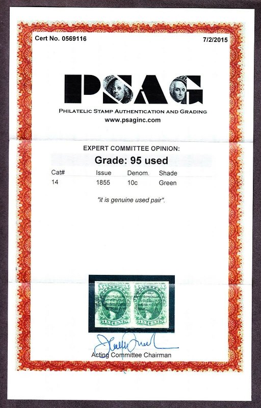 US 14 10c 1851 Washington Used Pair w/ PSAG Cert Graded '95' Superb SCV $1300
