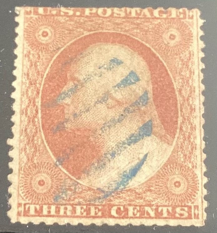 United States #25a type IV 1857 3c Washington trimmed top left perfs, blue cncl.