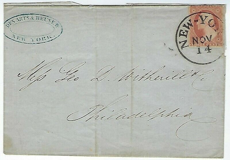 #10a 3cent WASHINGTON ON AD COVER FROM DES ARTS & HEUSES NY NOV 14 1853  Q139