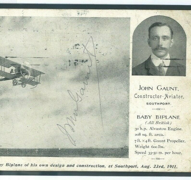 GB PIONEER AVIATION Card JOHN GAUNT Constructor SIGNED Southport 1911 948c