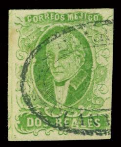 MEXICO 1856 HIDALGO 2r yell. grn NO dist. ovpt. Sc# 3 used XF  GUANAJUATO cxl