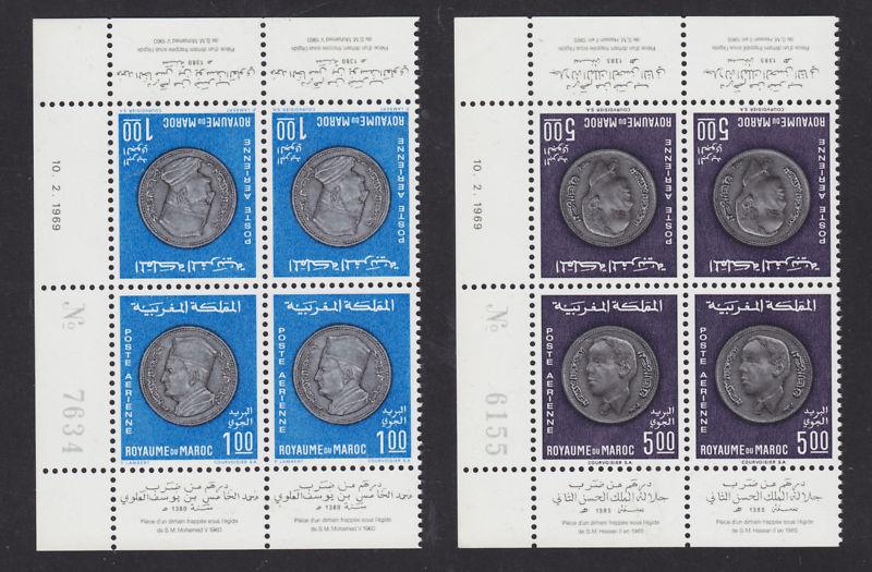 Morocco Sc C16-C17 MNH. 1969 Coins, tete-beche Plate Blocks, cplt matched set VF