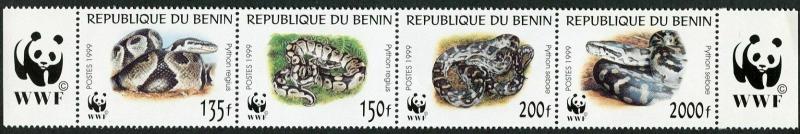 Benin 1086 ad strip,MNH.Michel 1159-1162. WWF 1999.Python Regius.