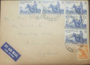 A) 1947 AUSTRALIA, MAN IN HORSE, COWBOY, ANIMALS, KANGAROO, FAUNA, MULTIPLE STAM