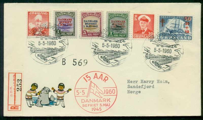 GREENLAND 1960 Anniv. Flight registered cover w/scarcer Scott #s19-21 ($225.00)