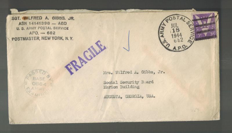 1944 USA Army Cover APO 682 Tel Litwinsky Palestine to Augusta GA Wilfred Gibbs