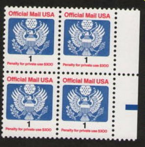 #O143   1  CENT OFFICIAL MAIL       MINT  VF NH  O.G  BLOCK OF 4