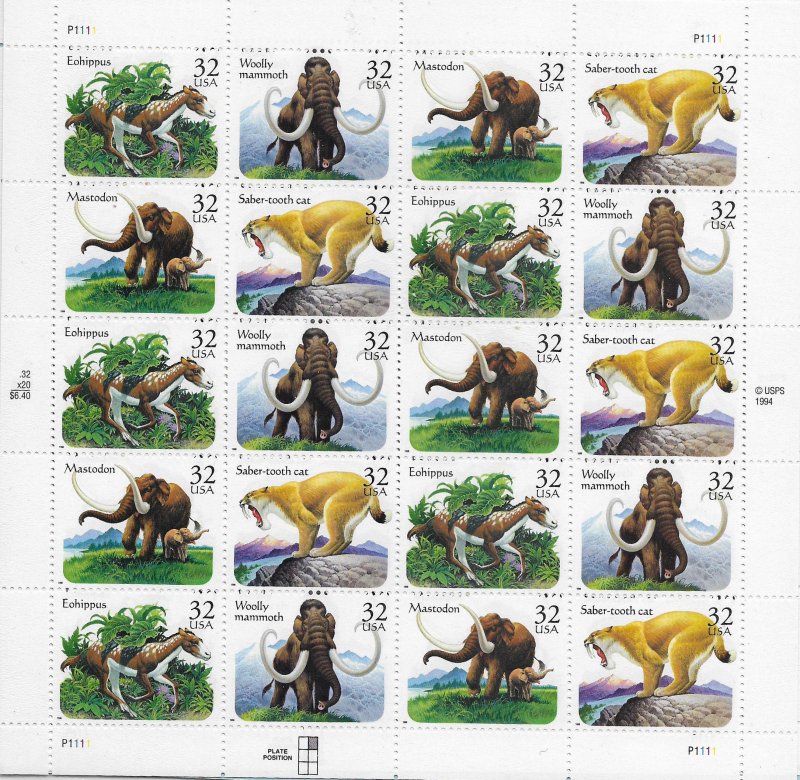 USA 3077-3080 MNH  SHEETS PREHISTORIC ANIMALS