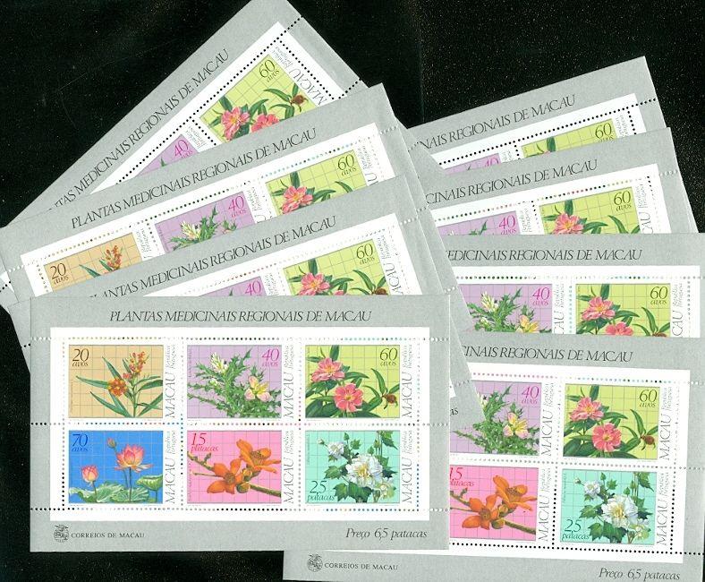 MACAU : 1983. Scott #482a Flowers. 8 S/S. All PO Fresh & VF Mint NH. Cat $1,600.