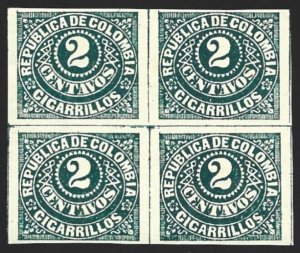 Colombia 1887 Cigar Cigarettes Tobacco Revenue 2c Green BLOCK F/VF-NH-