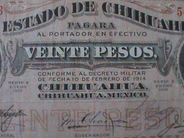 ​MEXICO-1915-CHIHUAHUA-MILITARY NOTE-$20 SLIGHLY CIR-.VF-110 YEARS OLD-LAST ONE