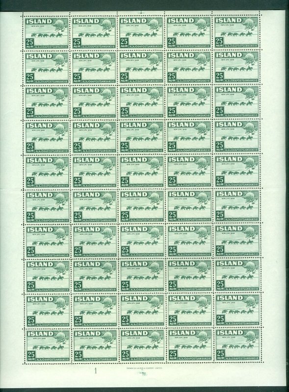 Iceland. 1949 Full Sheet. MNH Sc# 253. 25 Aug. Horses Pack Train. Folded.