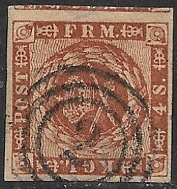 DENMARK USED IN HAMBURG GERMANY 1858-62 4s Brown Arms Issue Sc 7a VFU