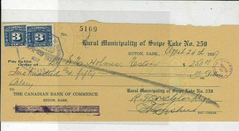 Canada Stamp 1939 Bank of Commerce to Municipality of Snipe Lake Cheque Ref26553