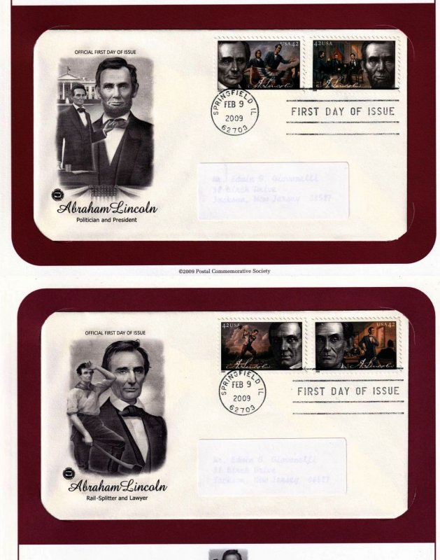 2009 Abraham Lincoln Sc 4380-3 4383a set of 2 FDCs, PCS cachets on info pages 