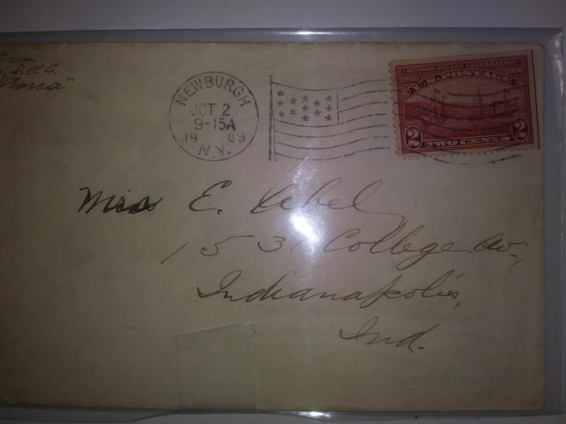 SCOTT # 372 POSTAL HISTORY TWO CENT HUDSON FULTON WITH FLAG CANCEL 1909 !!