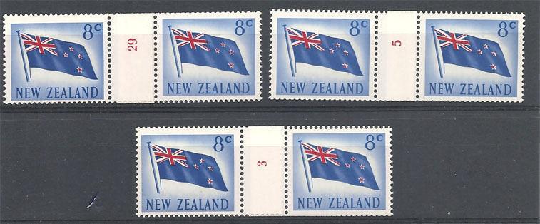 NEW ZEALAND 1967 8c Flag, 3 coil join pairs Nos 3,5 & 29 MNH..............S6726