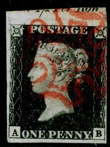 SG2, 1d black PLATE 1a, USED. Cat £350. RED MX. MARGINAL INSCRIPTION. AB