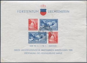 Liechtenstein B14 ad sheet,CTO-.Michel 151-A151 Bl.2. Postal Museum,1936.