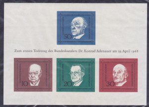 Germany 982 MNH OG 1968 1st Anniversary Death of Adenauer Souvenir Sheet