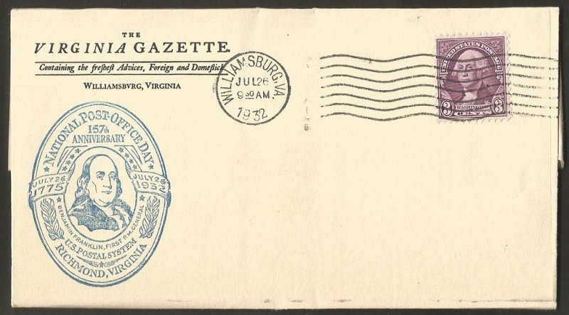 1932 US COVER,WASHINGTON 3C STAMP.NATIONAL POST OFFICE DAY.THE VIRGINIA GAZETTE