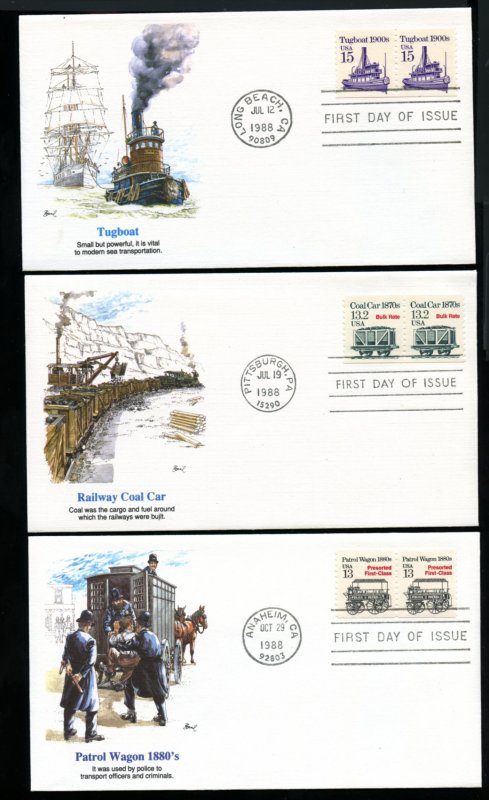 US 2252-2266 Transportation Issue set of fifteen UA Fleetwood FDC